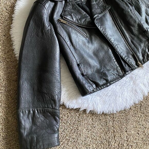 Express Genuine Leather Jacket Vintage Black Moto Y2K Womens Size Medium No Belt - Picture 5 of 11